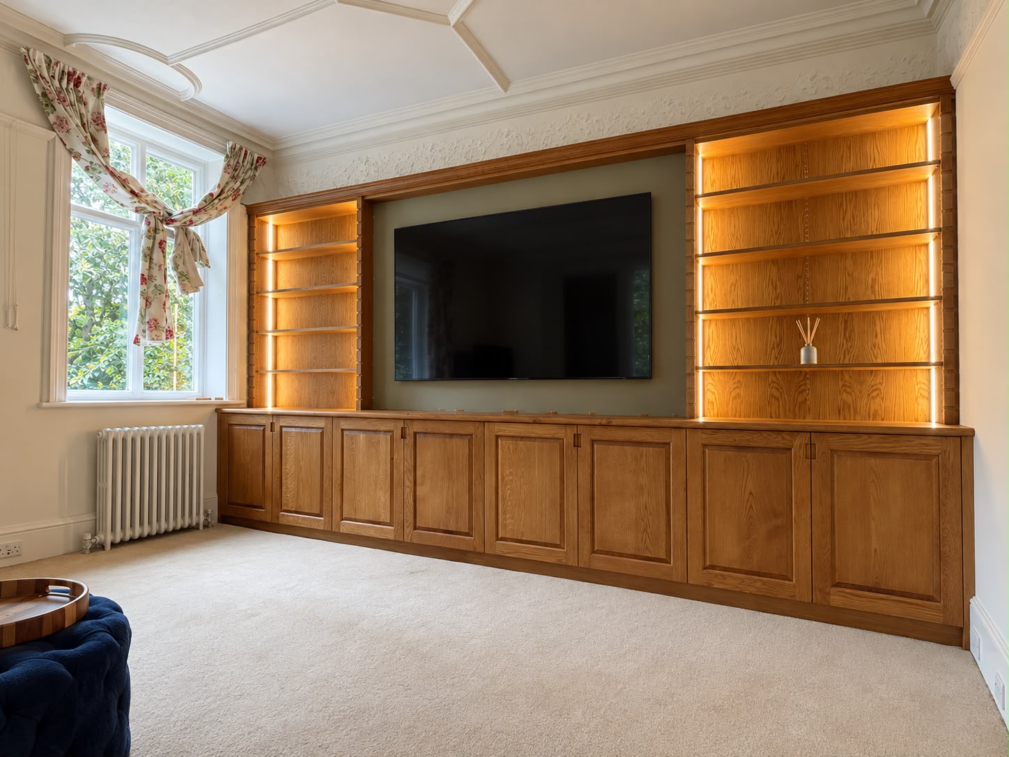 Oak media & storage unit manufactured in conjunction with OM carpentry & fitted in Tunbridge Wells